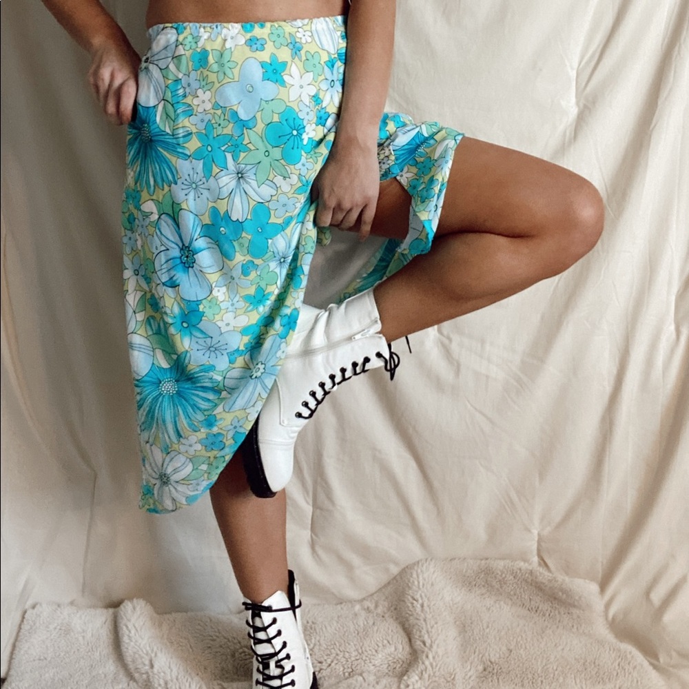 Retro Blue And Green Floral Skirt